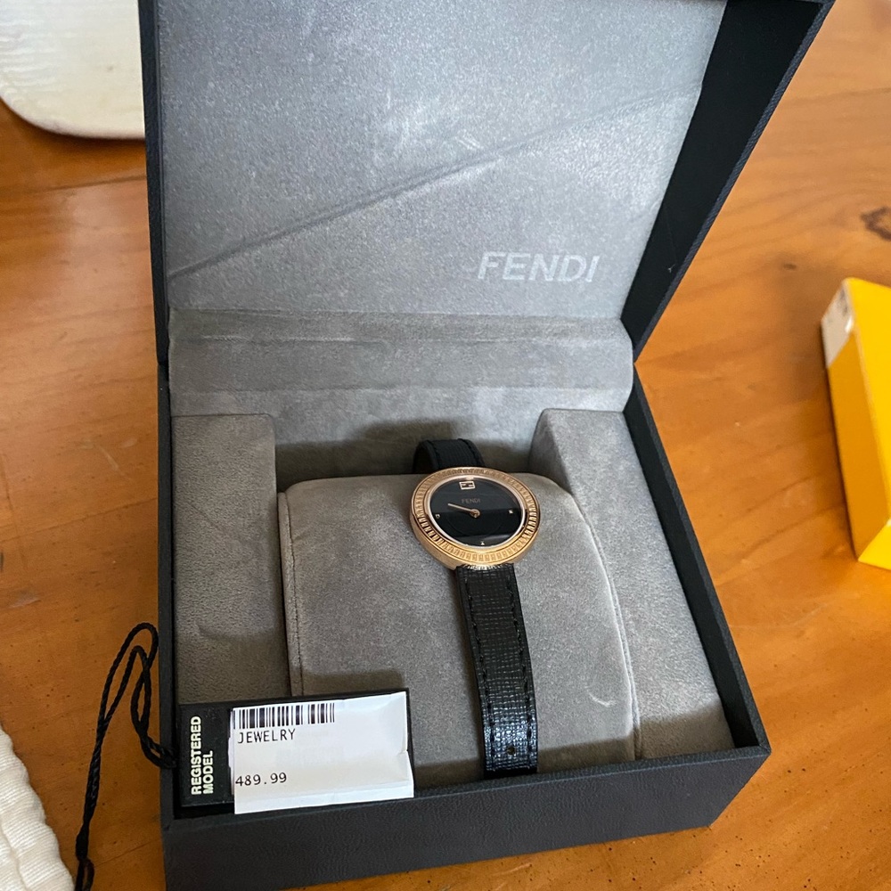 Gold FENDI Watch with Black Leather Embossed Band